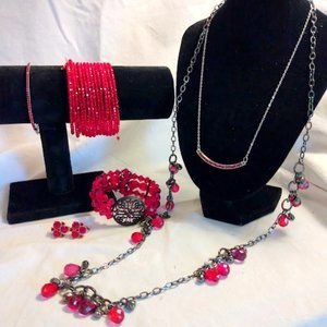 Red Jewelry Lot 6pc Necklaces Clip-On Earrings Bracelets Whimsigoth Romantic
